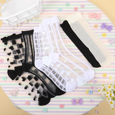 8 Pairs Women's Sheer Ruffle Socks Summer Transparent Lace Ankle High Mid Calf Socks Thin Lace See Through Sock in Saudi Arabia
