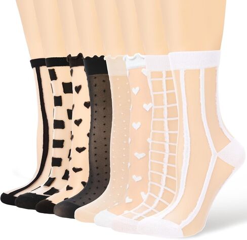 8 Pairs Women's Sheer Ruffle Socks Summer Transparent Lace Ankle High Mid Calf Socks Thin Lace See Through Sock in Saudi Arabia