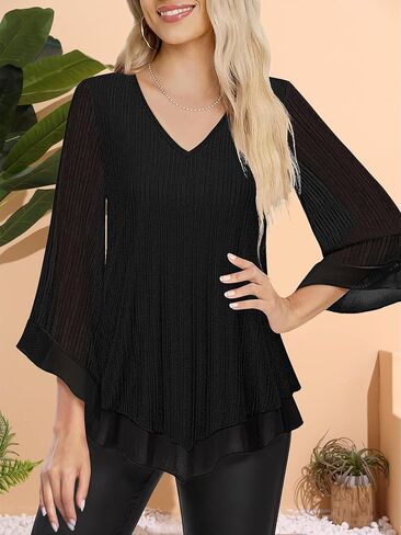Womens Dressy Blouse V Neck Double Layers Elastic Mesh Casual Flowy Work Shirts Ruffle 3/4 Flared Sleeve Tunic Tops S-XXL in Kuwait
