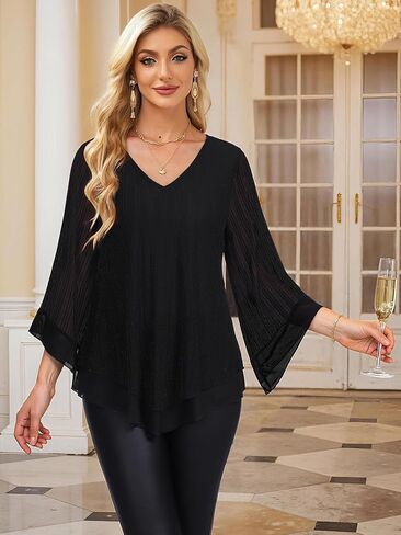 Womens Dressy Blouse V Neck Double Layers Elastic Mesh Casual Flowy Work Shirts Ruffle 3/4 Flared Sleeve Tunic Tops S-XXL in Kuwait