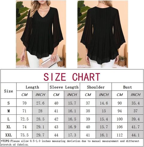 Womens Dressy Blouse V Neck Double Layers Elastic Mesh Casual Flowy Work Shirts Ruffle 3/4 Flared Sleeve Tunic Tops S-XXL in Kuwait