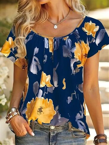 Women's Casual Summer Short Sleeve Crew Neck Tops Blouses Loose Fit Pleated Tunics T Shirts Fashion Clothes in Kuwait