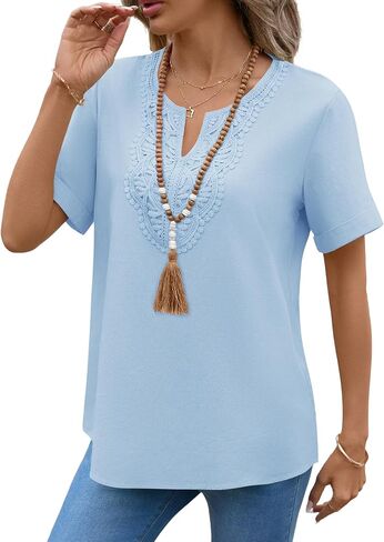 LOMON Women's Short Sleeve Cotton Linen Top Casual V Neck Lace Shirts Spring Loose Fit Tunic Tops Cotton Work Blouses in Kuwait