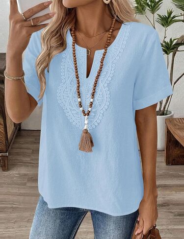LOMON Women's Short Sleeve Cotton Linen Top Casual V Neck Lace Shirts Spring Loose Fit Tunic Tops Cotton Work Blouses in Kuwait