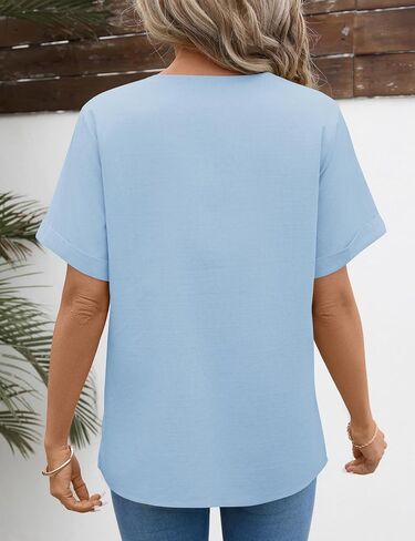 LOMON Women's Short Sleeve Cotton Linen Top Casual V Neck Lace Shirts Spring Loose Fit Tunic Tops Cotton Work Blouses in Kuwait