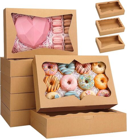 TOMNK 60pcs Bakery Boxes, 12x8x2.5 Inches 3 Style Cookie Boxes, Treat Boxes with Window for Candies, Chocolate Strawberries, Cakes, Muffins, Donuts in Kuwait