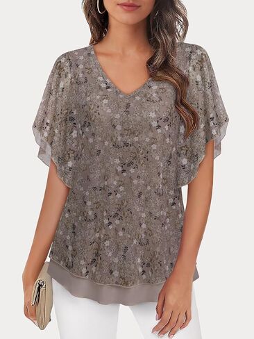 Women's Dressy Casual,Double Layers Mesh Elegant Summer Blouses,Short Sleeve V Neck Women's Tunic Tops S-XXL in Kuwait