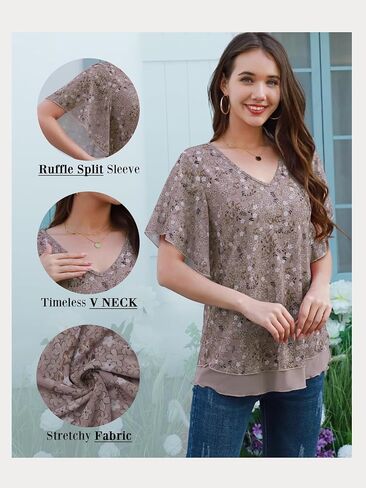 Women's Dressy Casual,Double Layers Mesh Elegant Summer Blouses,Short Sleeve V Neck Women's Tunic Tops S-XXL in Kuwait