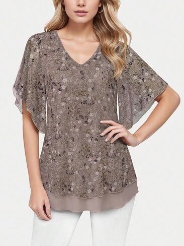 Women's Dressy Casual,Double Layers Mesh Elegant Summer Blouses,Short Sleeve V Neck Women's Tunic Tops S-XXL in Kuwait