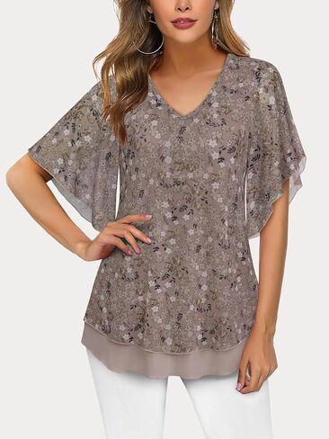 Women's Dressy Casual,Double Layers Mesh Elegant Summer Blouses,Short Sleeve V Neck Women's Tunic Tops S-XXL in Kuwait