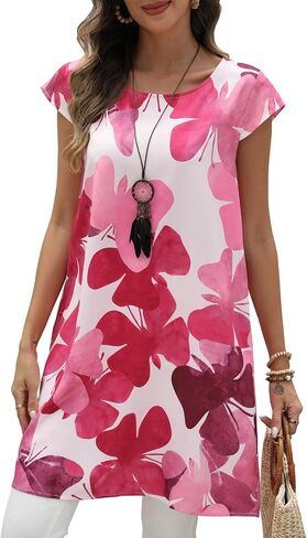 Womens Long Tunic Top Floral Printed Cap Sleeve Round Neck Loose Fit Pullover for Summer Casual Outfits in Saudi Arabia