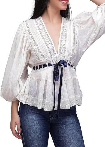 Women Lace Tie Front Ruffle Boho Top Flowy Puff Sleeve Sheer V Neck Floral Embroidery Chiffon Blouse Mesh Layered Top in Saudi Arabia