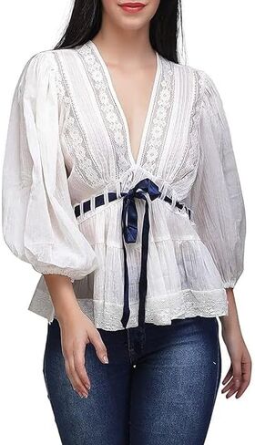 Women Lace Tie Front Ruffle Boho Top Flowy Puff Sleeve Sheer V Neck Floral Embroidery Chiffon Blouse Mesh Layered Top in Saudi Arabia