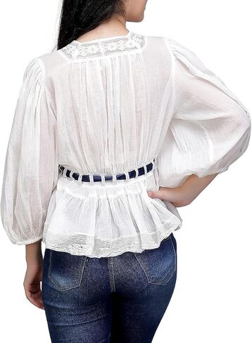 Women Lace Tie Front Ruffle Boho Top Flowy Puff Sleeve Sheer V Neck Floral Embroidery Chiffon Blouse Mesh Layered Top in Saudi Arabia