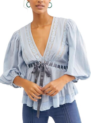 Women Lace Tie Front Ruffle Boho Top Flowy Puff Sleeve Sheer V Neck Floral Embroidery Chiffon Blouse Mesh Layered Top in Saudi Arabia