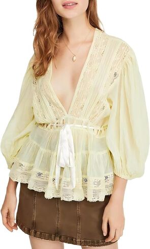 Women Lace Tie Front Ruffle Boho Top Flowy Puff Sleeve Sheer V Neck Floral Embroidery Chiffon Blouse Mesh Layered Top in Saudi Arabia