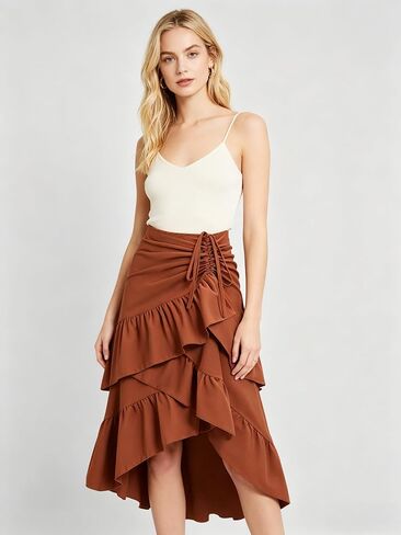 Women's Layered Midi Skirt, Elegant Ruffled Hem Skirt, Fashion Asymmetrical Pleated Hem Design Multi-Layered Women's Skirt in Kuwait