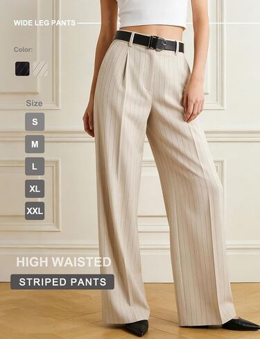 SUMABA Women's Striped Pants Wide Leg High Waist Casual Trousers Loose Long Dress Pants with Pockets in Saudi Arabia