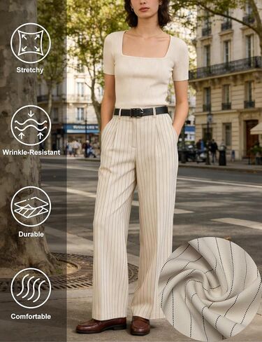SUMABA Women's Striped Pants Wide Leg High Waist Casual Trousers Loose Long Dress Pants with Pockets in Saudi Arabia