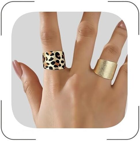 Gold Ring Leopard Print Wide Cuff Ring Set, Adjustable Open Band Statement Rings, Matte Finish, Comfort Fit, 2 Piece in Kuwait