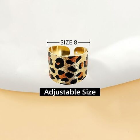 Gold Ring Leopard Print Wide Cuff Ring Set, Adjustable Open Band Statement Rings, Matte Finish, Comfort Fit, 2 Piece in Kuwait