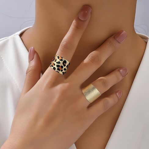 Gold Ring Leopard Print Wide Cuff Ring Set, Adjustable Open Band Statement Rings, Matte Finish, Comfort Fit, 2 Piece in Kuwait