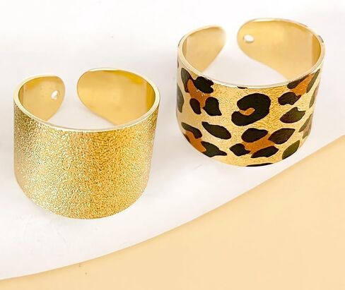 Gold Ring Leopard Print Wide Cuff Ring Set, Adjustable Open Band Statement Rings, Matte Finish, Comfort Fit, 2 Piece in Kuwait