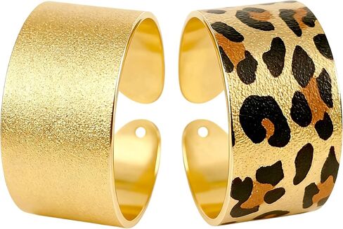 Gold Ring Leopard Print Wide Cuff Ring Set, Adjustable Open Band Statement Rings, Matte Finish, Comfort Fit, 2 Piece in Kuwait