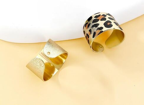 Gold Ring Leopard Print Wide Cuff Ring Set, Adjustable Open Band Statement Rings, Matte Finish, Comfort Fit, 2 Piece in Kuwait
