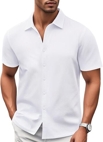 Mens Casual Button Down Shirts Short Sleeve Business Solid Summer Dress Shirt Heavyweight in Kuwait