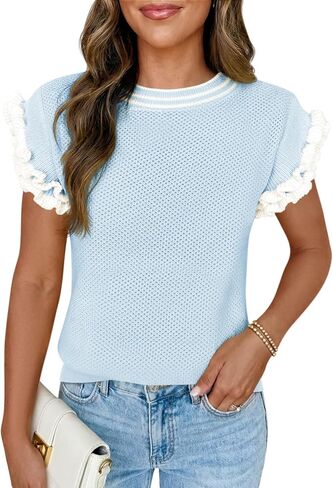 Saodimallsu Womens Ruffle Short Sleeve Sweaters Casual Crew Neck Color Block Loose Knit Summer Trendy Pullover Tops in Kuwait