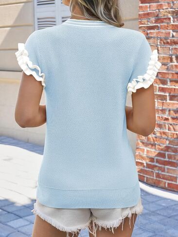 Saodimallsu Womens Ruffle Short Sleeve Sweaters Casual Crew Neck Color Block Loose Knit Summer Trendy Pullover Tops in Kuwait