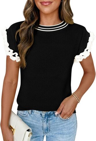 Saodimallsu Womens Ruffle Short Sleeve Sweaters Casual Crew Neck Color Block Loose Knit Summer Trendy Pullover Tops in Kuwait