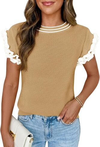 Saodimallsu Womens Ruffle Short Sleeve Sweaters Casual Crew Neck Color Block Loose Knit Summer Trendy Pullover Tops in Kuwait