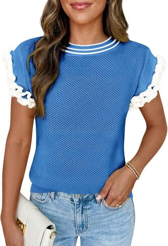 Saodimallsu Womens Ruffle Short Sleeve Sweaters Casual Crew Neck Color Block Loose Knit Summer Trendy Pullover Tops in Kuwait