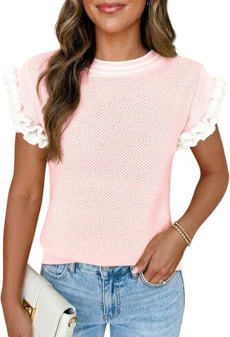 Saodimallsu Womens Ruffle Short Sleeve Sweaters Casual Crew Neck Color Block Loose Knit Summer Trendy Pullover Tops in Kuwait
