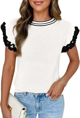 Saodimallsu Womens Ruffle Short Sleeve Sweaters Casual Crew Neck Color Block Loose Knit Summer Trendy Pullover Tops in Kuwait