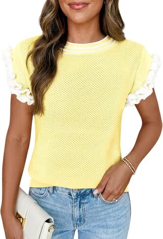Saodimallsu Womens Ruffle Short Sleeve Sweaters Casual Crew Neck Color Block Loose Knit Summer Trendy Pullover Tops in Kuwait