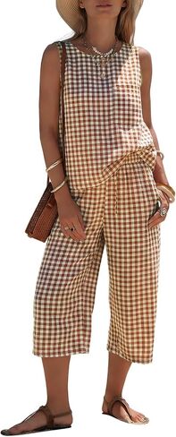 EXLURA Womens Summer 100% Cotton 2 Piece Outfits Striped Sleeveless Top Capri Wide Leg Pants Sets Faux Linen Beach Vacation in Kuwait