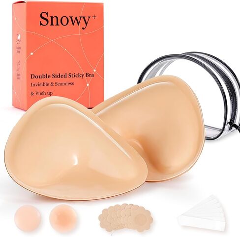 Snowy+ Double Sided Sticky Bra Inserts - Waterproof Push Up Pads | 5-in-1 Kit: 2x inserts, dust box, nipple covers & fashion tape. Ideal for sports bra, swimsuit, bikini & backless dress. in Kuwait