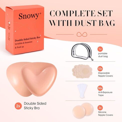 Snowy+ Double Sided Sticky Bra Inserts - Waterproof Push Up Pads | 5-in-1 Kit: 2x inserts, dust box, nipple covers & fashion tape. Ideal for sports bra, swimsuit, bikini & backless dress. in Kuwait