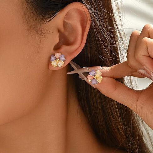 Pastel Flower Stud Earrings for Women, Colorful Resin Petal Earrings with Gold Tone Trim, Lightweight Floral Post Earrings for Daily Wear Vacation Party in Saudi Arabia
