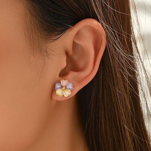 Pastel Flower Stud Earrings for Women, Colorful Resin Petal Earrings with Gold Tone Trim, Lightweight Floral Post Earrings for Daily Wear Vacation Party in Saudi Arabia