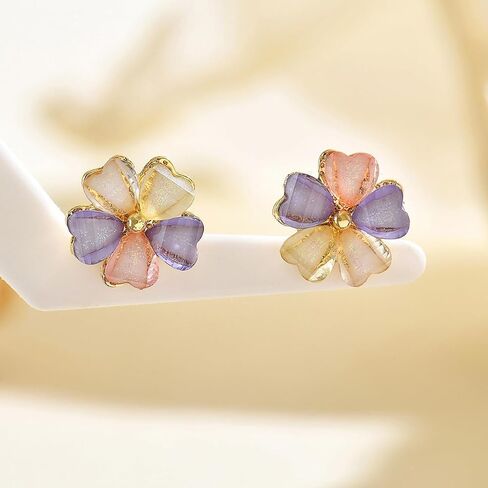 Pastel Flower Stud Earrings for Women, Colorful Resin Petal Earrings with Gold Tone Trim, Lightweight Floral Post Earrings for Daily Wear Vacation Party in Saudi Arabia