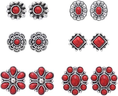 6 Pairs Bohemian Turquoise Earrings Set Geometric Flower Western Cowgirl Ethnic Stud Earrings Natural Turquoise Jewelry Accessories for Women in Kuwait