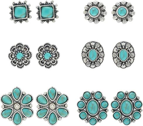 6 Pairs Bohemian Turquoise Earrings Set Geometric Flower Western Cowgirl Ethnic Stud Earrings Natural Turquoise Jewelry Accessories for Women in Kuwait
