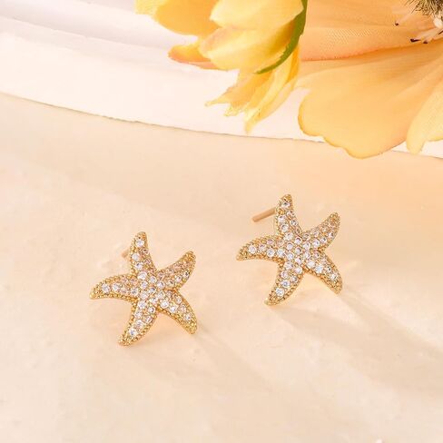 Gold Starfish Earrings For Women,CZ Starfish Studs Beach Summer Earrings For Women,Ocean Jewelry For Women Tropical Beach Summer Vacation Outfits Earrings in Saudi Arabia