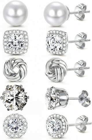 Hypoallergenic Stud Earrings for Women - 5Pairs Sterling Silver Earrings 14K Gold Plated Simulated Pearl Love Knot Big Brilliant Cubic Zirconia CZ Halo Stud Earrings for Sensitive Ears in Saudi Arabia
