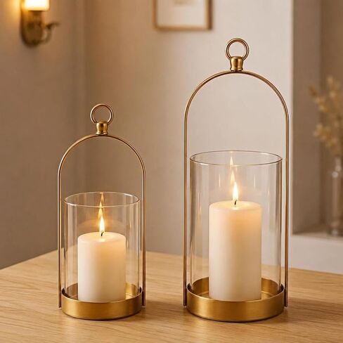 Gold Hurricane Candle Holder, Versatile Metal Candle Holder with Thick Glass Shield for Pillar Candles, Plants, Decorative Candle Lantern for Thanksgiving Christmas Party Table Centerpiece in Saudi Arabia