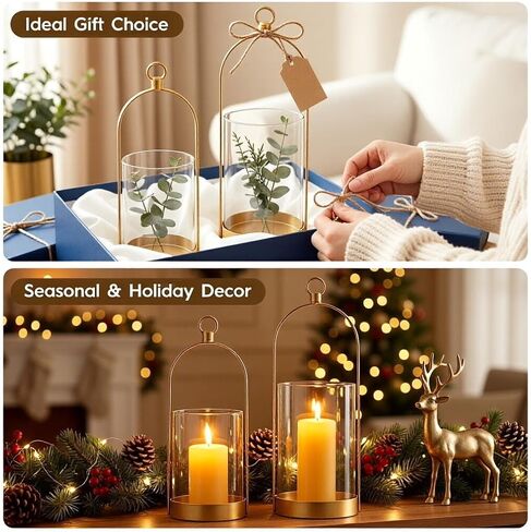 Gold Hurricane Candle Holder, Versatile Metal Candle Holder with Thick Glass Shield for Pillar Candles, Plants, Decorative Candle Lantern for Thanksgiving Christmas Party Table Centerpiece in Saudi Arabia